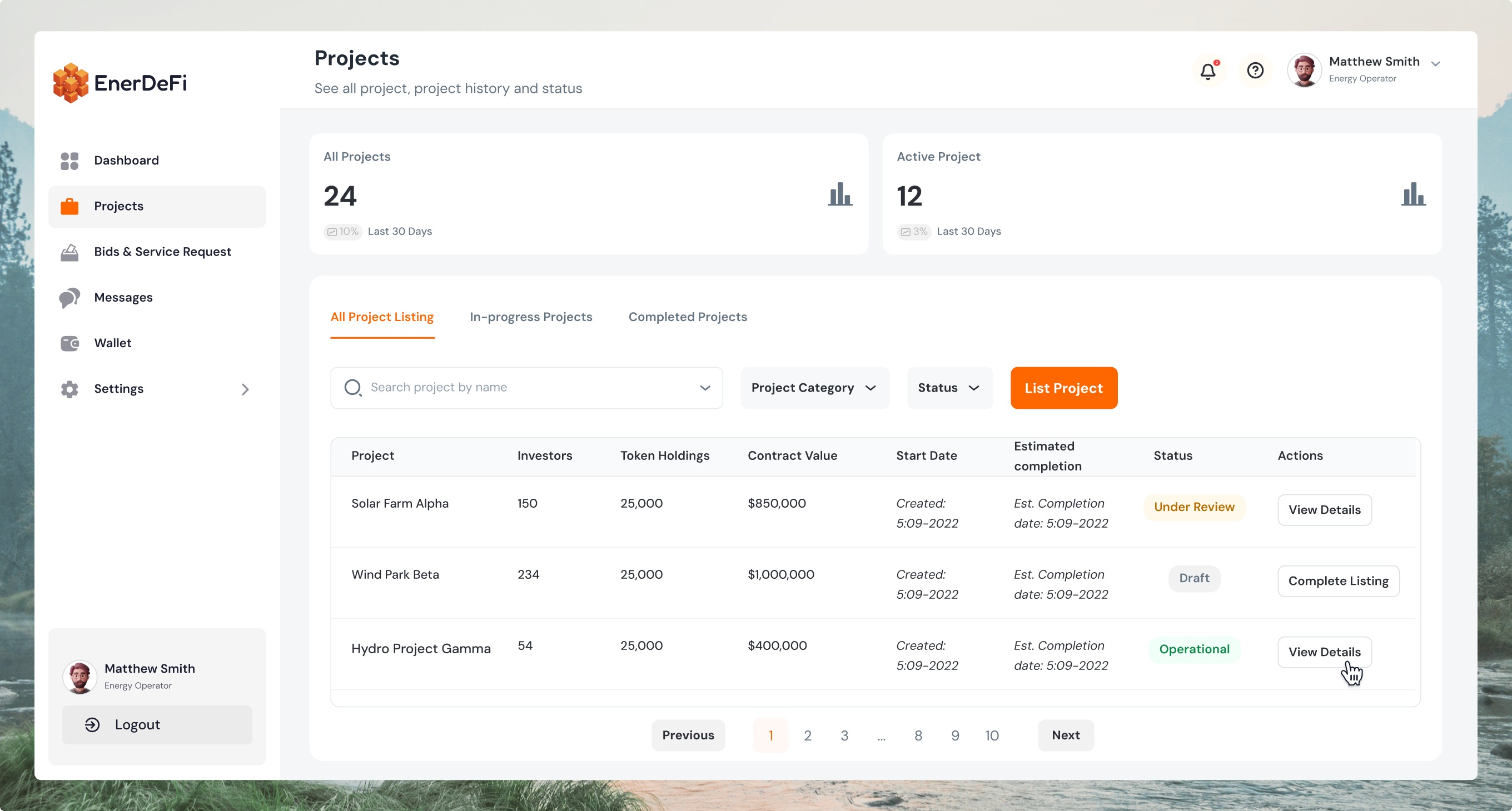The EnerDeFi projects dashboard — every listed project with its investor count, token holdings, contract value and completion status