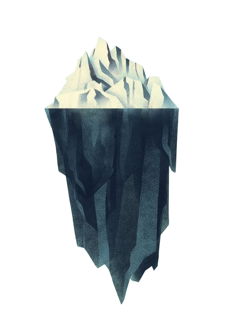 An iceberg whose visible peak is dwarfed by the mass below the waterline