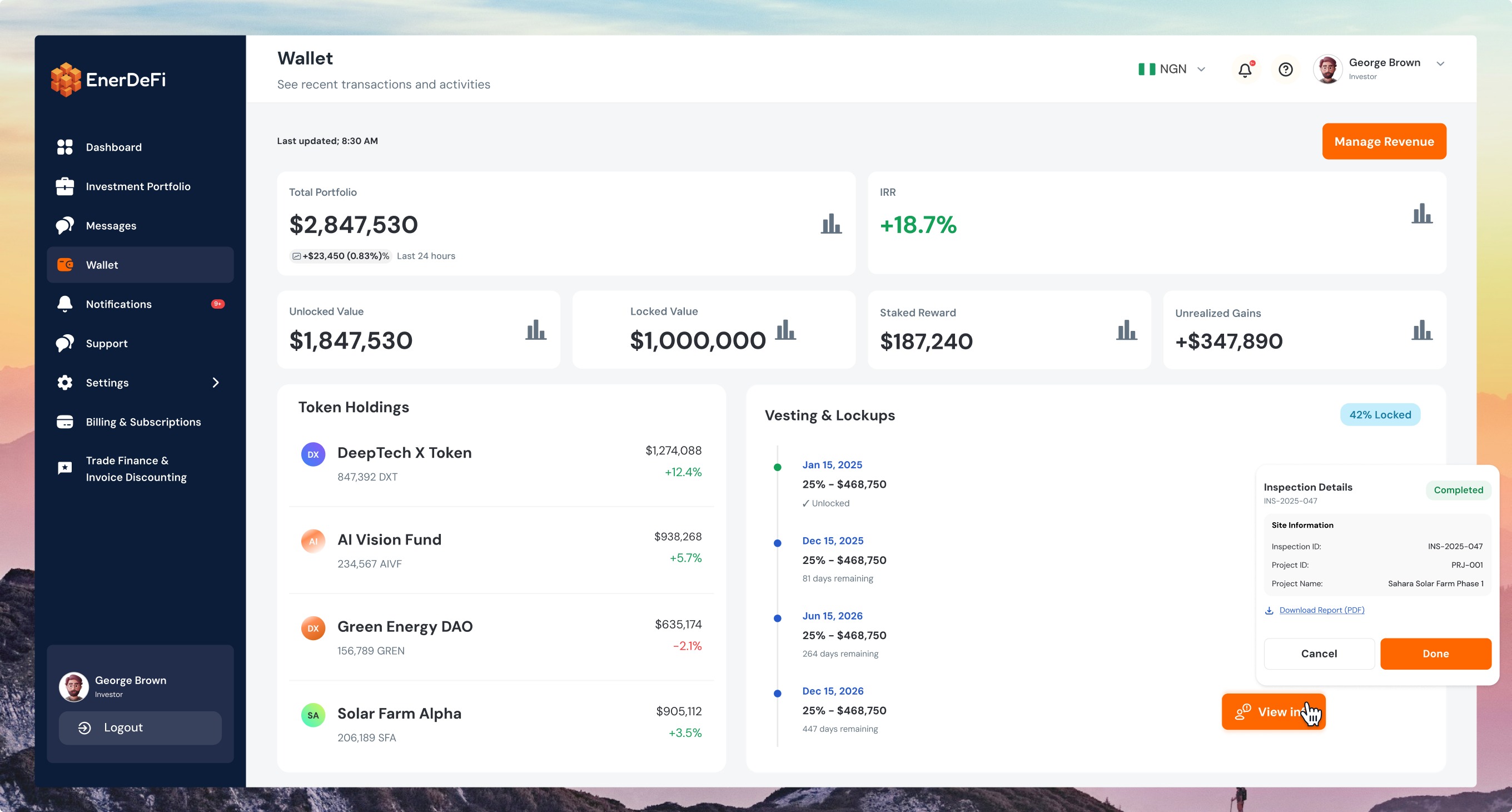 The EnerDeFi investor wallet — total portfolio value, IRR and staked rewards above a token-holdings table and a vesting and lock-up schedule