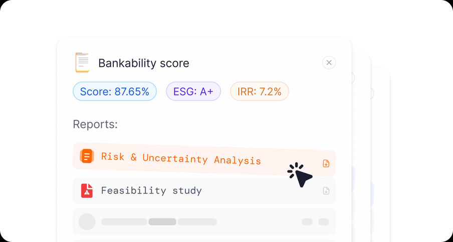 A project's bankability score card showing an 87.65% score, an A+ ESG rating and its downloadable due-diligence reports