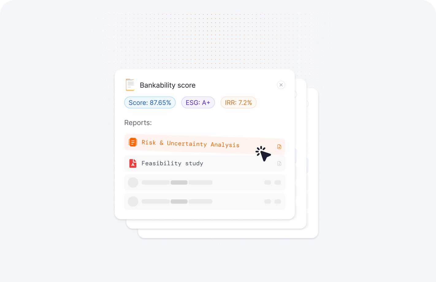 A project's bankability score card showing an 87.65% score, an A+ ESG rating and its downloadable due-diligence reports